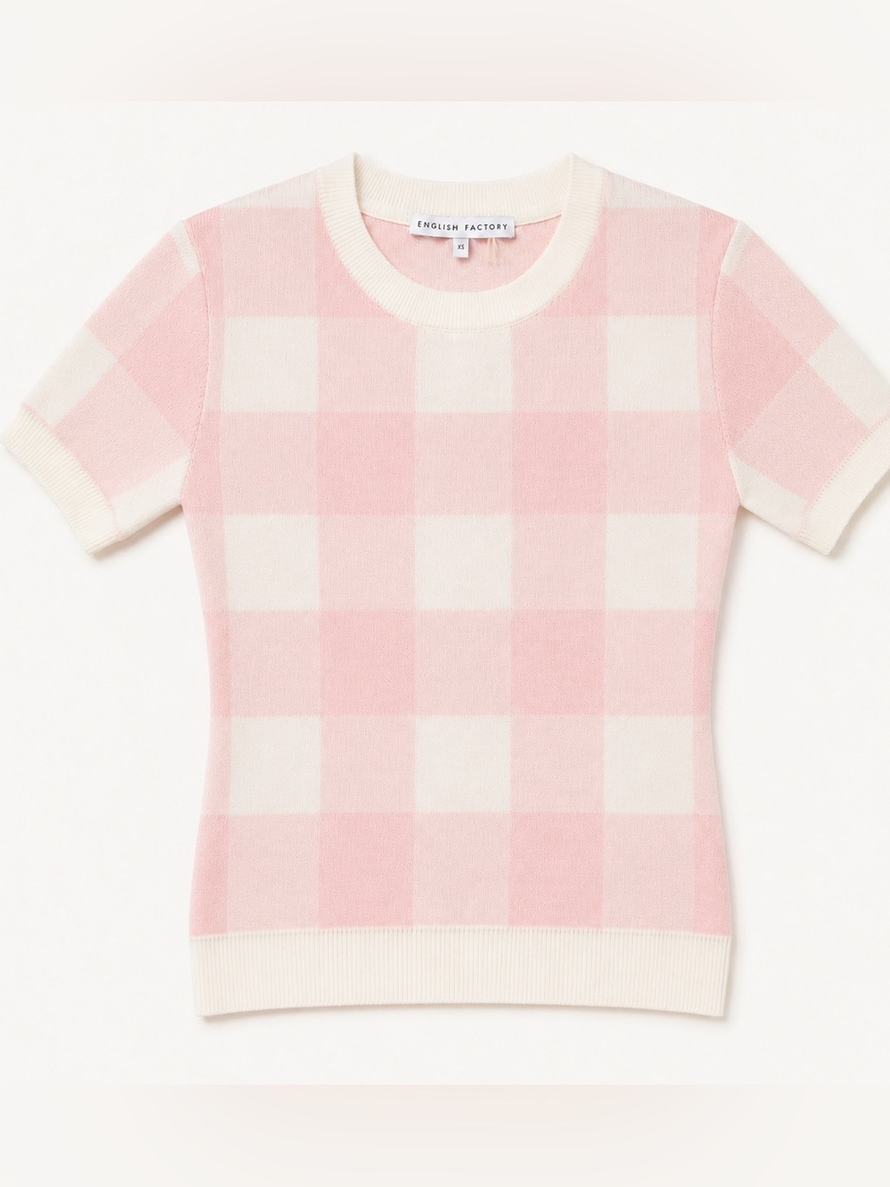 English Factory Pink & Cream Gingham Short Sleeve Knit Top